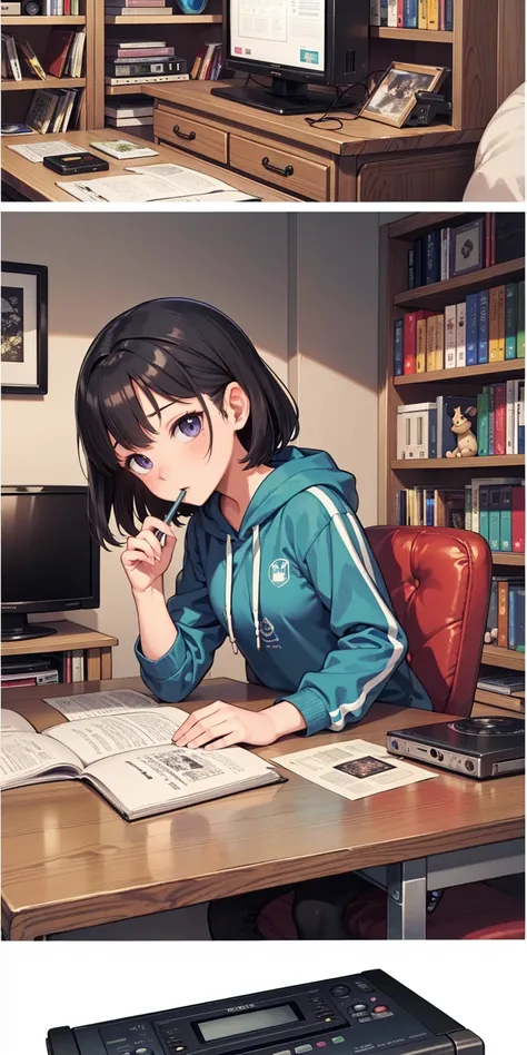 (((beautiful detailed))),((1girl)),((sharp lines:1.2)),Bed, CRT TV, VCR, videotape, radio and cassette player, cassette tape, Famicom, manga, bookshelf, desk, chair, trip style,pencil drawing,strawberry print hoodie,Messy room, three point view,Programming...