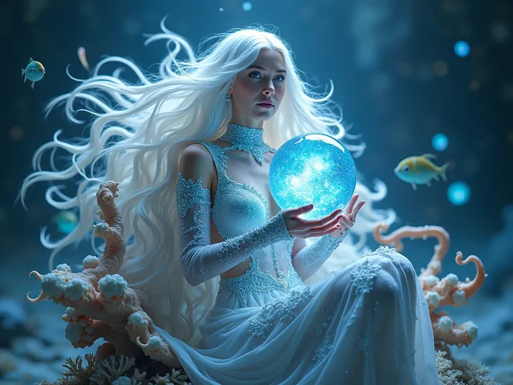 A majestic sea goddess with flowing silver hair that shines like moonlight on water. Her eyes are swirling galaxies, and her body is adorned with glowing crystal armor. She sits on a throne of spiraling shells and coral, holding an orb that glows with the ...