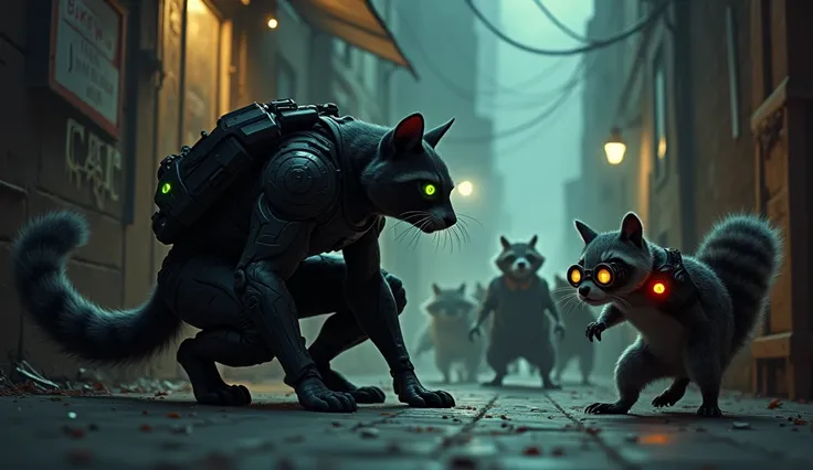 "Agent Whiskerclaw, the muscular humanoid-cat hybrid in a black tactical suit, crouches behind crates with Nutmeg, the gray squirrel wearing goggles and a glowing tech backpack. Whiskerclaw’s glowing green eyes focus on the raccoons sneaking toward the bak...