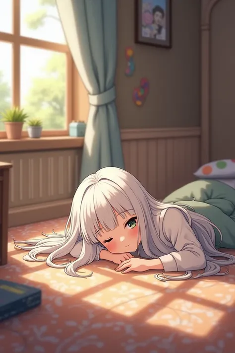 A white-haired girl lying on the floor of her room 