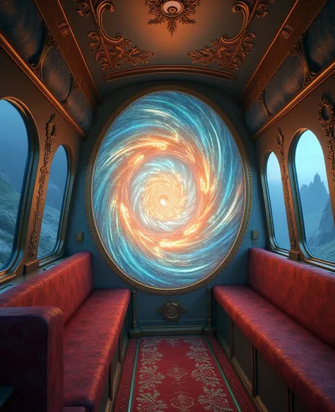 (best quality, masterpiece, photorealistic, elaborate details:1.2), the glowing vortex of time can be seen in a luxury coach as it travels, surreal