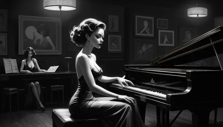 alabama bar, blue note, charismatic, bw, illustration, noir fantasy, alone sitting sexy pianist ladies,