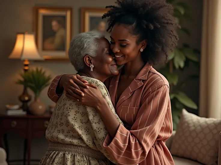 ULTRA REALISTIC A scene full of emotion where a young modern African woman hugs her old African mother in her arms in a LUXURY house
