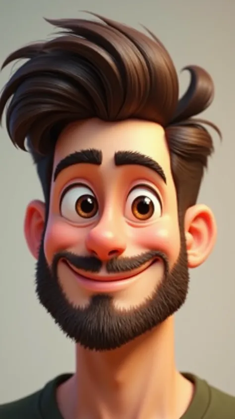  A young man with cartoonish features and a friendly and confident expression.
 He has well-groomed dark brown hair ,  well-outlined beard and expressive eyebrows .
 big shiny eyes ,  with a warm and friendly appearance .
a soft smile, transmitting charm a...