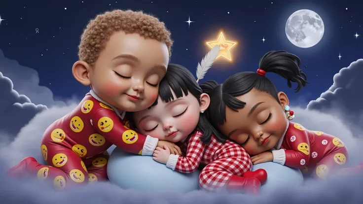 A 3D render of three Disney Pixar-style babies sleeping in Christmas-themed pajamas. The pajamas are red with yellow emojis and Christmas hats. The babies are in the center, with one boy and two girls. The boy has light brown curly hair and is tan-skinned....