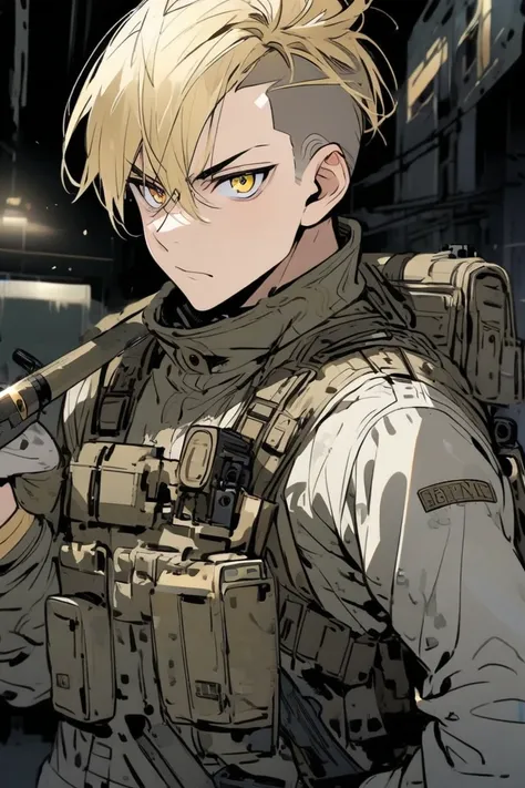 blond, man, short air, military, golden eyes, one gun, undercut
