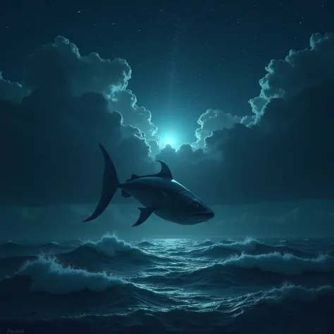 A symbolic and respectful representation of Prophet Yunus (AS) inspired by his story of being swallowed by the great fish. The scene focuses on a vast, dark ocean under a starry sky, with crashing waves symbolizing the tumultuous journey. At the center, a ...