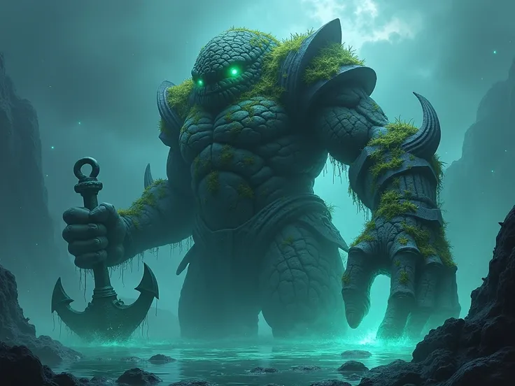 A colossal sea guardian, its body overgrown with coral, barnacles, and glowing moss. Its eyes glow faintly through the cracks in its ancient, stony armor. One hand rests on a massive glowing anchor, while the other reaches out as if summoning something fro...