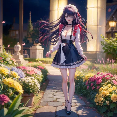 1girl, Ai Hoshino_(Oshi no Ko), 1girl, dress, solo, collarbone, long flowing hair, purple hair, floating hair, multicolored hair, perfectly body, jewelry, maid, maid dress, perfectly hands, on garden, petals, red roses, centered girl, maid, maid dress, bla...