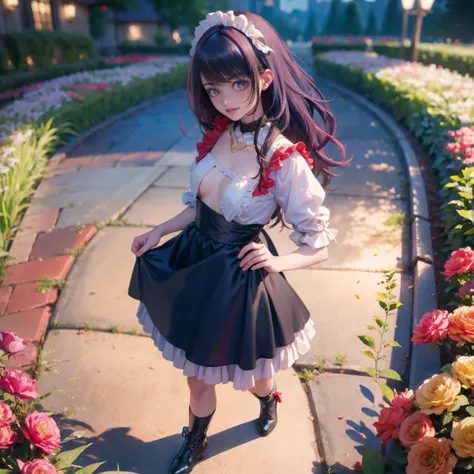 1girl, Ai Hoshino_(Oshi no Ko), 1girl, dress, solo, collarbone, long flowing hair, purple hair, floating hair, multicolored hair, perfectly body, jewelry, maid, maid dress, perfectly hands, on garden, petals, red roses, centered girl, maid, maid dress, bla...