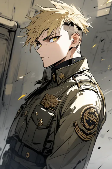 blond, man, short air, military, golden eyes, one gun, undercut
