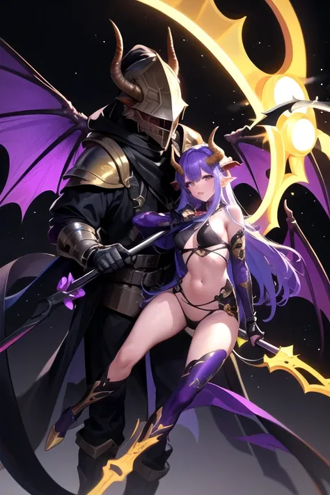 (( better quality )), (( masterpiece )), (Detailed), A woman in black armor
And purple and touches of gold and he has a minotaur helmet and the horns are 
neon purple and behind some dragon wings as he looks straight ahead and has fighting wounds and has a...