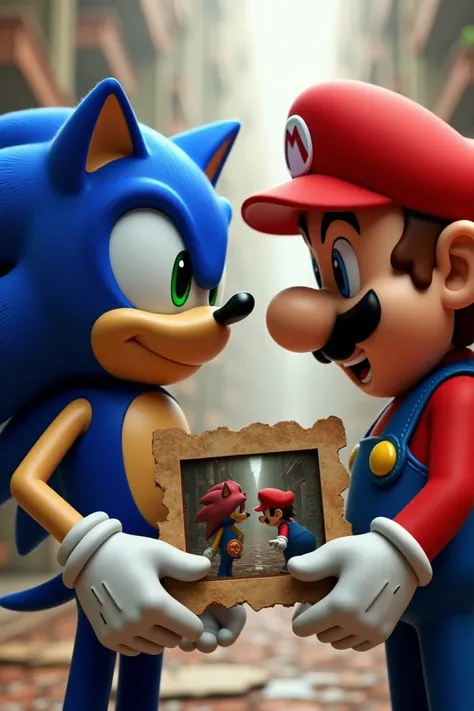 Sonic the Hedgehog getting along with Mario while the observer holds an old photo of them fighting to the death in the 90s.