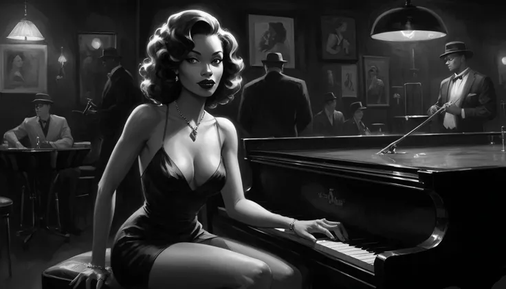 alabama bar, blue note, charismatic, baterist, guitarist, saxophonist, jazz band, bw, illustration, noir fantasy, sexy pianist lady,