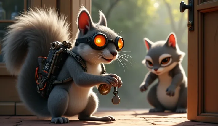 Nutmeg, the clever gray squirrel with a bushy tail, adjusts a small gadget on the bakery door handle. His goggles glint faintly, and wires dangle from his tech backpack. In the background, Agent Whiskerclaw watches silently, his muscular frame tense and re...