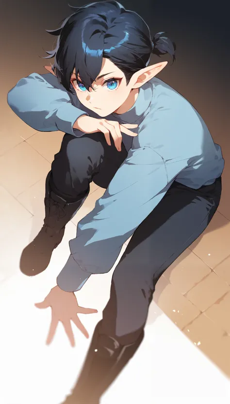 male, femboy, sidelocks, pixie cut, short low ponytail, black hair, blue eyes, elf ears, wearing blue turtleneck shirt, low-waisted black pants and black boots, fun pose 