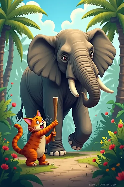 A cat is hitting an elephants butt with a stick.