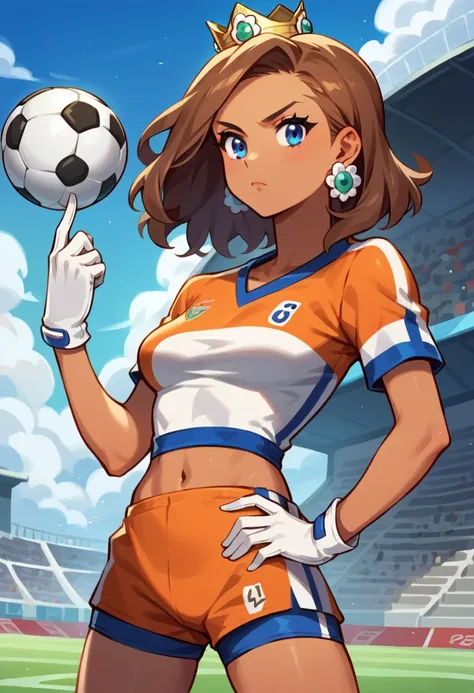 Daisy,brown hair,blue eyes,flower earrings,small crown,tanned,hand on hip,
number 8 soccer uniform,short sleeves,white gloves,orange teel shorts,midriff,
standing,serious,
soccer field,science fiction,outdoors,
(insanely detailed, masterpiece, best quality...