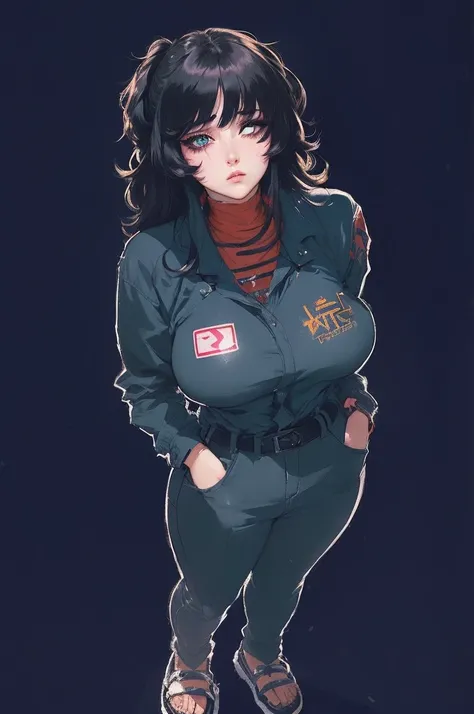 female ,in the art style of 80s anime, downturned eyes, sleepy eyes, Mullet, Black hair, Pale skin, thick lips, Sad expression, Eyeshadow, Black eye color, 