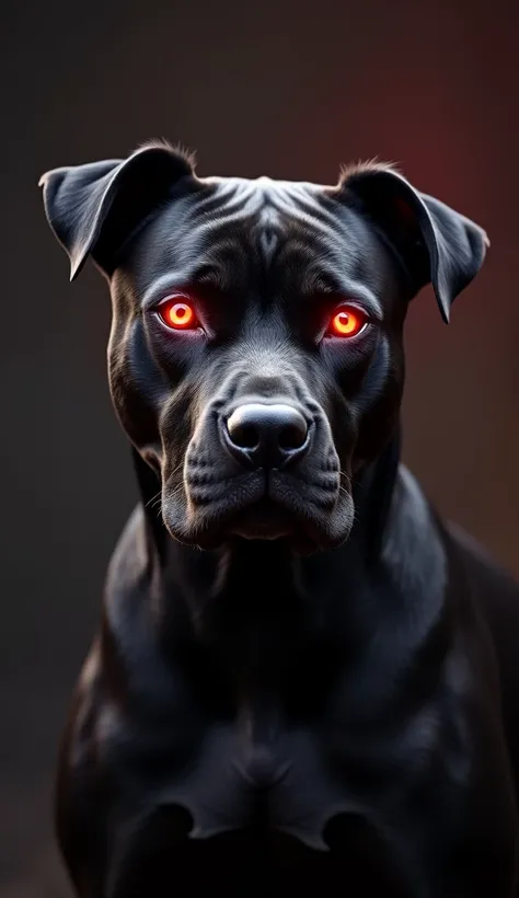 create an image of an American Staffordshire Terrier with Black Panther (Marvel) makeup, with red neon fire in his eyes, in front profile, looking at another dog from afar, with serious and penetrating eyes, like a 50mm photograph, direct lighting, super r...