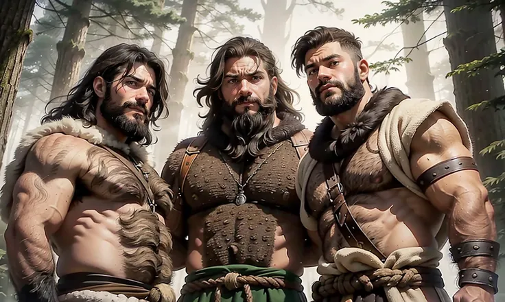 realistic. Group of extremely-hairy hulking sexy Neolithic men wearing fur wraps and carrying Neolithic weapons. looming over you, looking down at you. suspicious expression. Neolithic forest background.