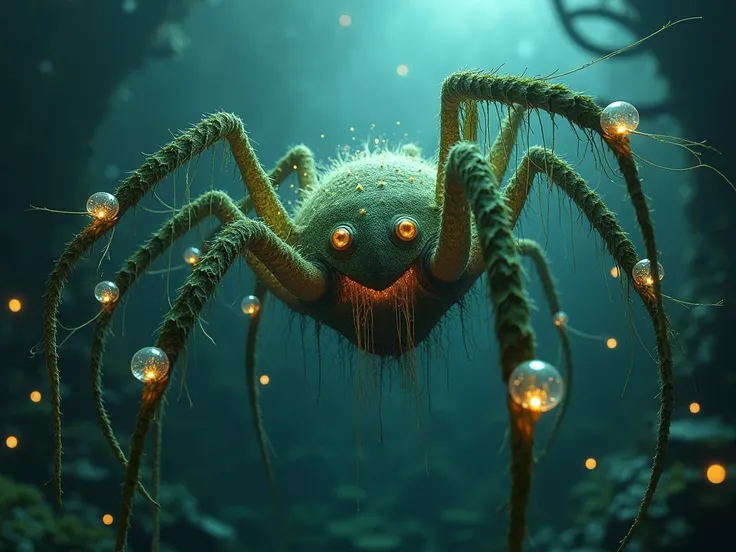 A mysterious, spidery creature made of glowing threads of seaweed and starlight, weaving a massive net of luminescent orbs. Each orb contains a trapped memory or vision of ancient sailors. The creature’s movements are delicate yet haunting, and the surroun...