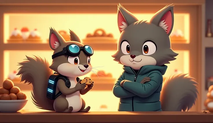 Nutmeg, the gray squirrel with goggles and a tech backpack, sits on the bakery counter, nibbling a small cookie. His bushy tail flicks happily, and the shelves of pastries glow warmly in the bright bakery. Agent Whiskerclaw stands tall nearby, arms crossed...