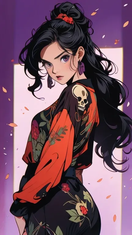  Woman wearing loose clothing ,  with skull print,  Long Black Hair, fighting pose,  , silk hair ,  textured purple background , cherry leaves. 