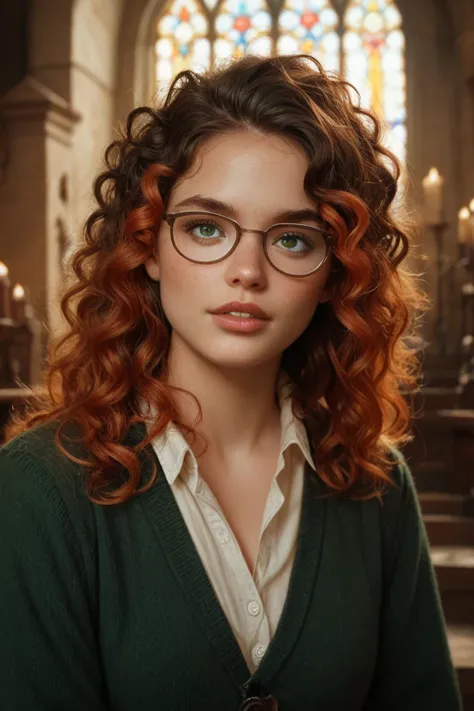 Create a Hogwarts castle and have four ren: one red-haired with blue eyes, a black-haired one with green eyes and glasses, a brown movie with curly and messy hair with brown eyes and a red-haired girl with green garlic with brown tibalities.  