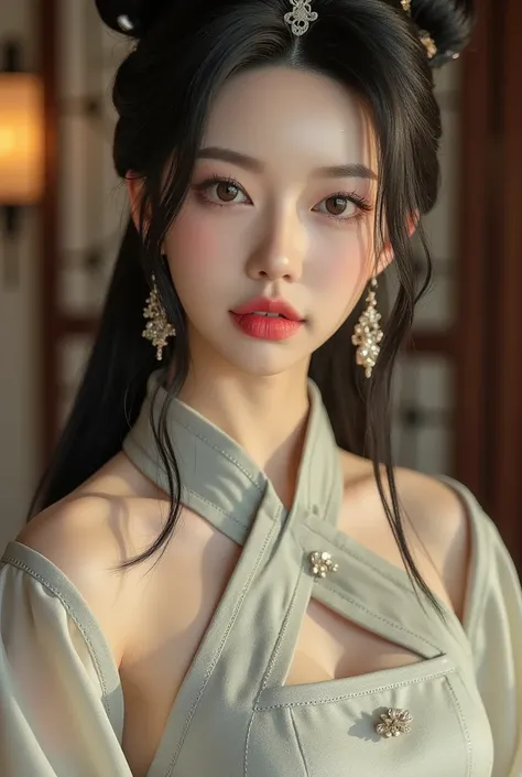 (best quality,4k,8k,highres,masterpiece:1.2),ultra-detailed,(realistic,photorealistic,photo-realistic:1.37),close-up portrait,one girl in traditional Jin Dynasty Hanfu,patched skirt,long-sleeved cross-collar robe,loose cross-collar robe,half-sleeve,beautif...