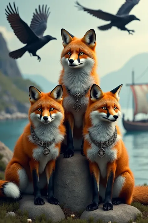 Three foxes as a pyramid of three .  Two ravens flying over foxes .  The upper fox head carries a Celtic necklace with Thors hammer with the inscription: 3.1.2020 .  A coastal landscape with fjord where a Viking longship sails as a background 