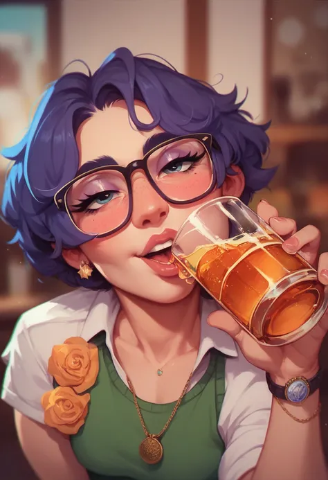 Nerdy girl,  short hair, glasses, nervousness,  drinking alcohol, drunk