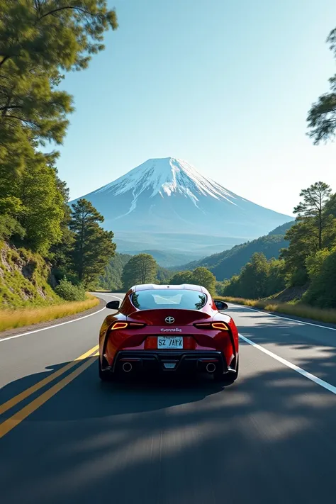 A Supra mk4 in the middle of a long road with Mount Fujis landscape and trees on the side of the road