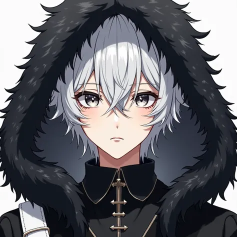 an anime boy with white hair with lots of details, wearing a furry black winter hood,  details that has white leather and that has a black shirt and a barbed collar
