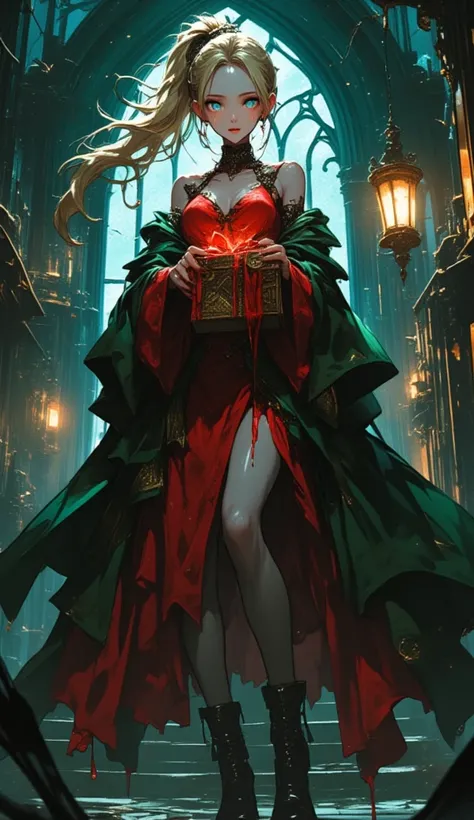 a picture of vampire standing in the front of her home holding a (blood: 1.3) dripping (gift box: 1.5), an exquisite beautiful female vampire in her front door of her home, full body (ultra detailed, Masterpiece, best quality), ultra detailed face (ultra d...