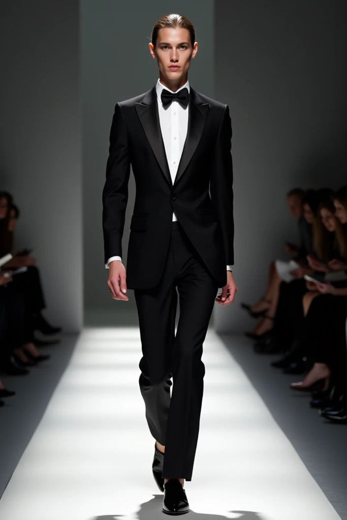 A  modeling in a fashion show wearing a black tuxedo 