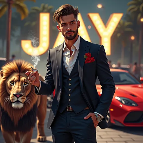 Create a realistic image where a young man in luxury suit just standing infront of luxury cars and holding a WEED ( JOINT ) with his right hand, THERE IS FULL LION BESIDE HIM. Theres cigarette smoke coming from his mouth and also the background is smokey t...