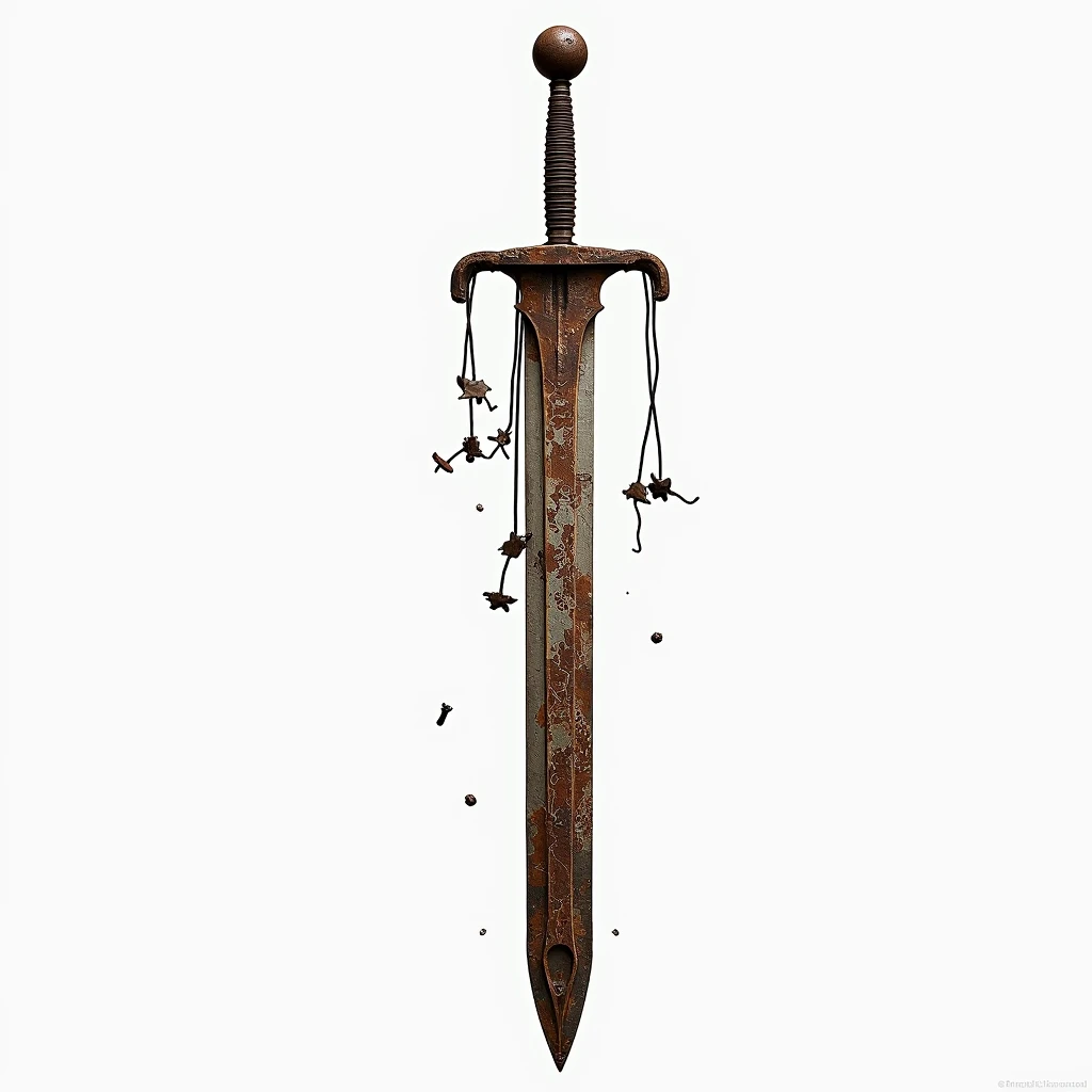 an image with a transparent background of an old and broken sword .  the hilt is an electric guitar jack with the 6 broken strings 