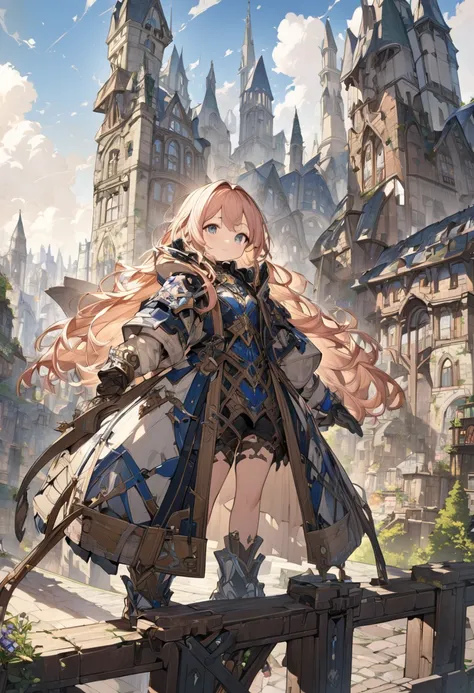 The background is a city in another world　 cute beautiful girl　In the middle of creating a machine　Adventurers Gear 　8k 　 high definition 　 best quality　 detailed background　middle ages