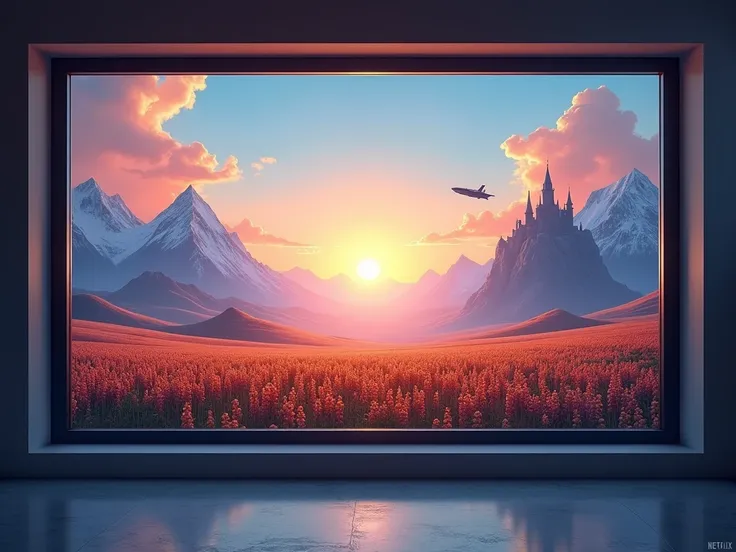  A large window with views of several different worlds :

 Through the window you can see epic landscapes , like snowy mountains,  a futuristic city and a quiet flower field .
 Each landscape is represented by a simple visual scene,  like a spaceship flyin...