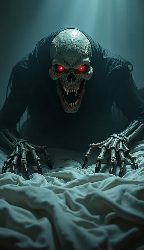 A terrifying monster lurking under a bed, with glowing red eyes and sharp fangs, its skeletal hands reaching out from the shadows, surrounded by a dark and eerie atmosphere.