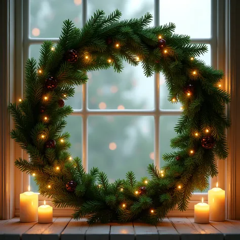 A round wreath made of green evergreen branches 。 The background is soft lighting that makes you feel a warm home、 Create a peaceful Christmas evening 。