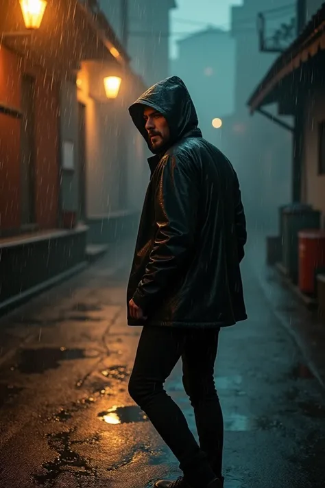 camera from the profile ,  man with a rain jacket , caminando bajo la  torrential rain ,  puddles down the street illuminated with a lantern,  torrential rain , puddles on the street , chiaroscuro, cinematic lighting, UHD, Retina,  masterpiece , Accurate, ...