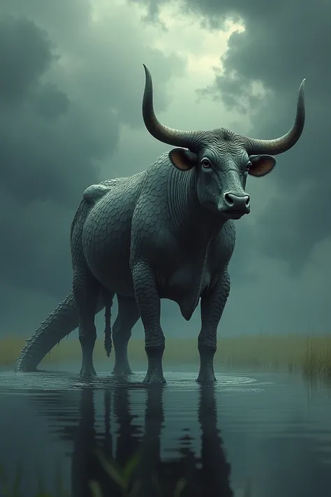 Create a stunning digital artwork of a hybrid creature that is a blend of a cow and a crocodile. The creature has the sturdy body of a cow, covered in rugged, crocodilian scales, with a long, muscular crocodile tail. Its face is a fusion of a cows gentle f...