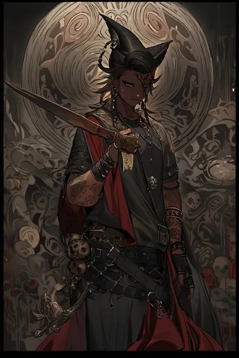 You can make an image of this character:  A tiefling faith with dark red skin and black horns curved backwards.  His golden eyes without pupils seem to penetrate the soul .  His short black pixie-style hair falls on his forehead .  She wears a dark tribal ...