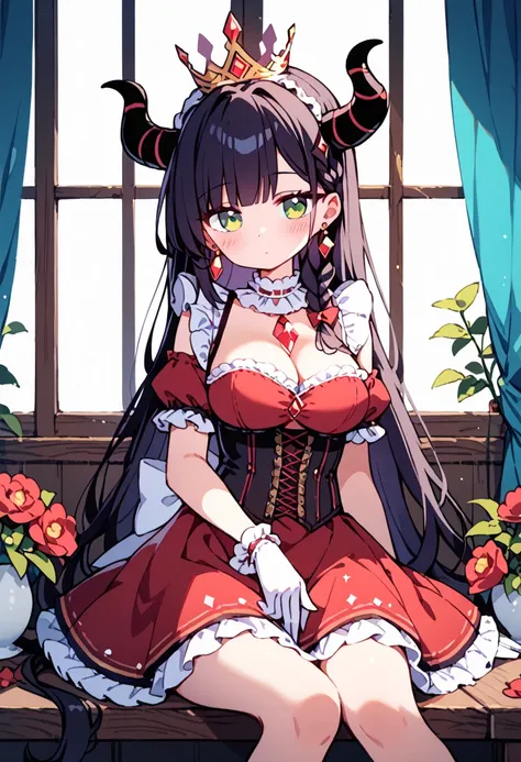 1girl, solo, masterpiece, best quality, blushing, cute girl, sitting by a window still, staring out the window, curtains on the window, long black hair, hair is stylized in a long braid, red diamond earrings, black demon horns, holding a withering flower, ...