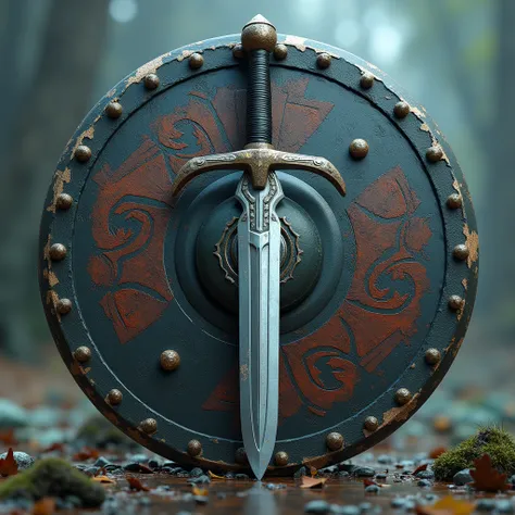 an image with a transparent background With a round old Viking shield and a sword make an electric guitar