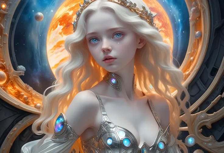  fantastic epic masterpiece, ((full-body-shot)), standing masterpiece,   highest esthetic score, photo of an exquisitely beautiful pale skin  european 1girl, 19yo, modern implementation of sci-fi  "botichhelli The Birth of Venus"starlight falls on beautifu...