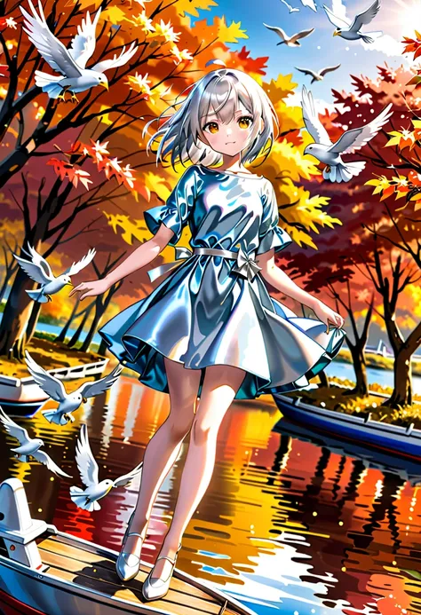 ((Big eagle flying in the sky:1.5))、 cm apart:1.5、((Chibi:1.5,  one Japanese girl )), Silky Hair, ((Boat Neck Satin Mini Dress :1.5、 Shiny Super Shine Silver:1.5)), ((The background is a flying bird :1.5、、Autumn afternoon:1.5))