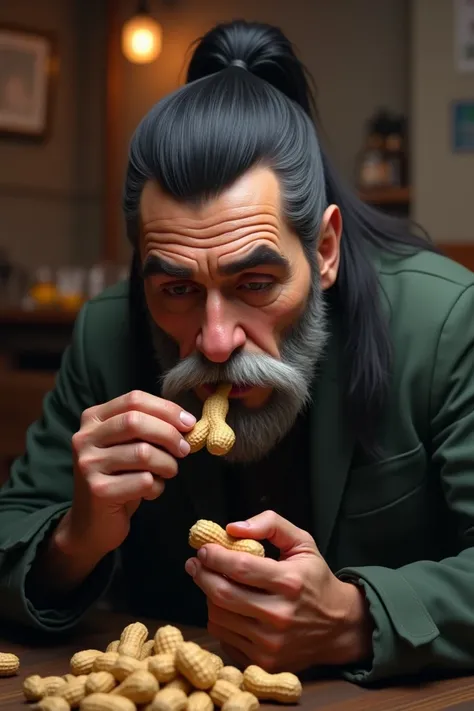 Man with black ponytail and white mustache eating peanuts